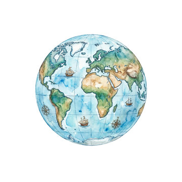 Watercolour detailed world map globe sphere