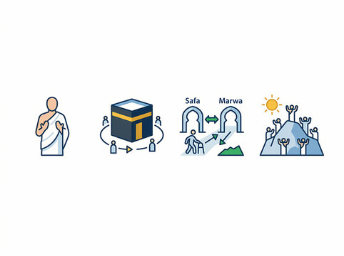 Comprehensive illustrative guide to the sacred Islamic pilgrimage rituals, detailing Ihram attire, circumambulation of the Kaaba, the Sa'i between Safa and Marwa, and the spiritual journey