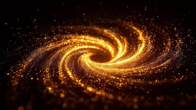 Golden spiral vortex formed by sparkling particles on black background
