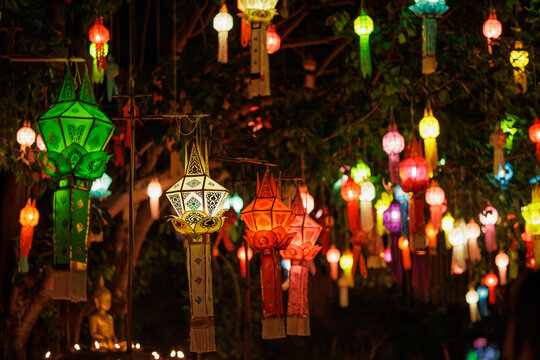 Colorful lanna lanterns illuminating night festival in Chiang Mai