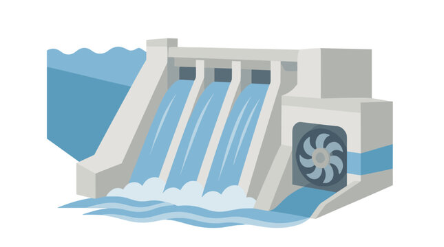 Hydroelectric Dam Spillway And Gate Structure Illustration.
