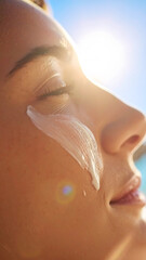 Fototapeta premium Summer Glow Protection: Close up of premium sunscreen cream smoothed onto human skin feeling relaxed and protected under bright summer sun during vacation
