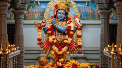 Obraz premium Intricate depiction of Krishna, the divinity, beautifully adorned with vivid garlands and ornaments
