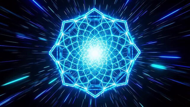 Blue geometric polygonal tunnel with glowing light lines and deep spatial perspective
