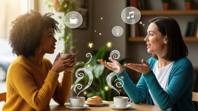 Intimate discussion between two friends while enjoying the aroma of coffee and sharing creative