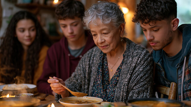 Multigenerational family dinner table in a small rural kitchen, four generations sharing mismatched chairs, steam rising from pots, an elderly woman ladling soup while teenagers stare at nothing, qu