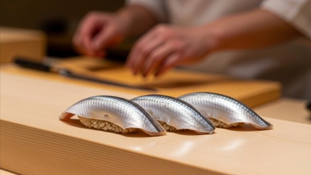 Sushi - Three Pieces of Shiny Silver Sardine Nigiri Sushi on Wooden Counter at Omakase Restaurant