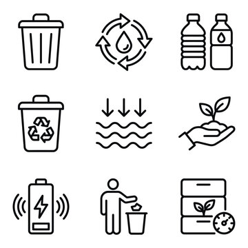 Collection of outline icons representing recycling waste management renewable energy with trash can recycling charging