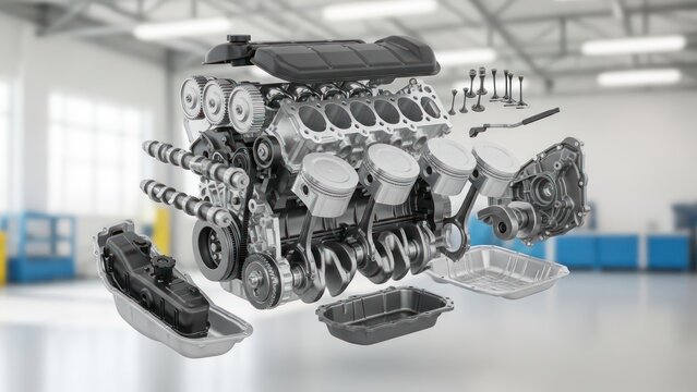 Exploded view of modern car internal combustion engine in a bright garage setting providing