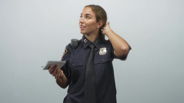 Woman police officer holds spiral notebook and pen, shrugs with raised hand and smiles in studio; playful curiosity reporting.