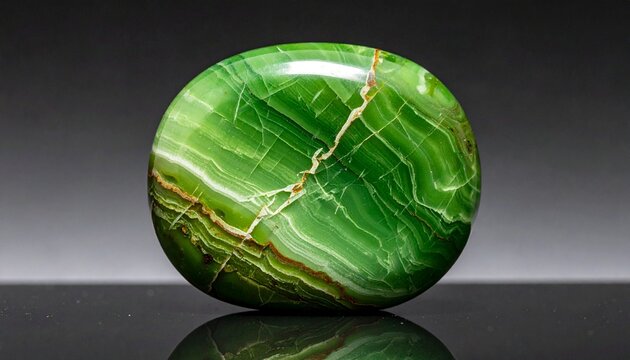 Polished malachite gemstone with natural banded patterns on reflective surface