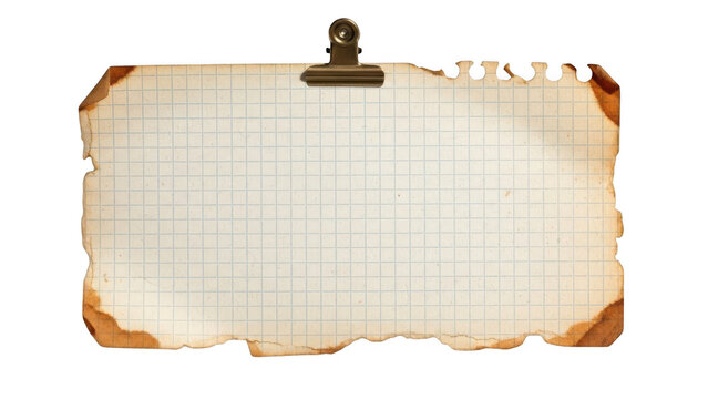 Old vintage grid paper note with burnt edges held by metal clip isolated on transparent background