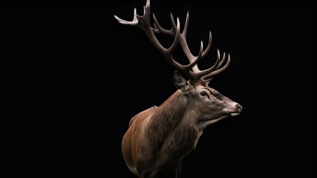 Portrait of a regal stag with large antlers against a stark black background