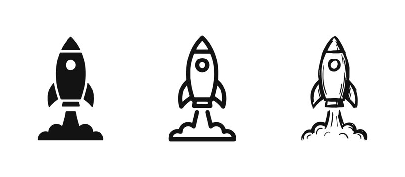 Rocket launch icons set in solid, line, and hand-drawn doodle styles for startups