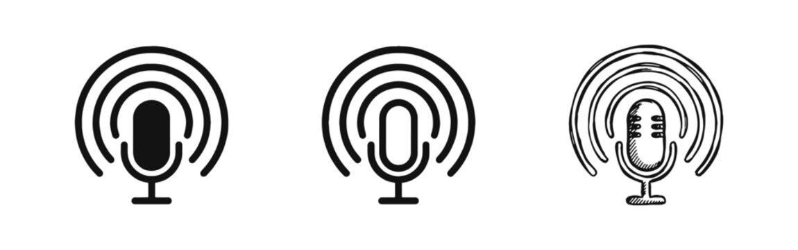 Podcast microphone icons with signal waves for broadcasting and recording studio