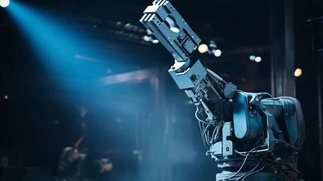 Advanced industrial robot arm functioning in a dimly lit factory, symbolizing future manufacturing, artificial intelligence, and technological innovation in production and development