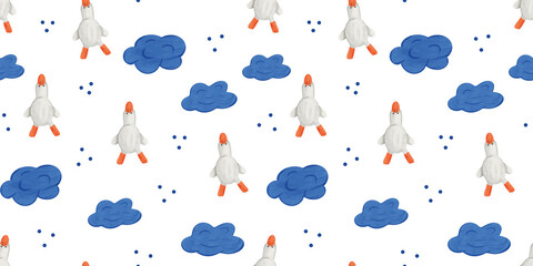 Seamless fabric pattern with geese and clouds design for creative projects and textiles © Olena