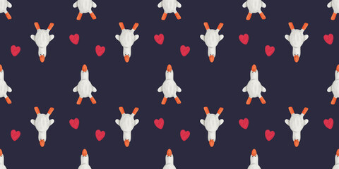 Colorful seamless pattern of geese and hearts on dark fabric background © Olena