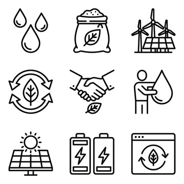 Set of nine eco friendly and sustainable technology icons with friendly sustainable technology recycling handshake