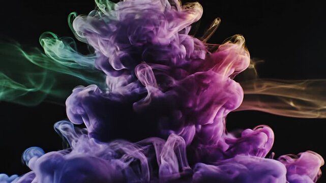 Abstrak Asap Warna Biru dan Magenta. Gambar abstrak menampilkan ledakan cairan atau asap berwarna biru dan magenta yang bertemu di tengah dengan latar hitam pekat, menciptakan kontras dramatis dan tam