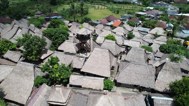 Aerial view of Bale Tani, traditional Sasak architecture in Senggigi, Lombok