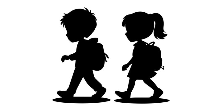 Children going to school icon vector. Children walking time to go to school silhouette isolated on white background, Two children walking with backpacks, boy and girl side by side, student life, learn