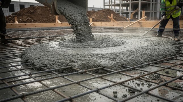 Workers pour wet concrete from a truck chute onto a steel rebar grid to create a foundation slab at a construction site.