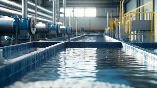 Water treatment plant processing clean water through filtration tanks, representing purification, resource management, and environmental well being for industrial and municipal needs