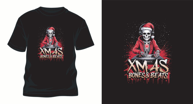 Skeleton dj t shirt design xmas bones and beats text.