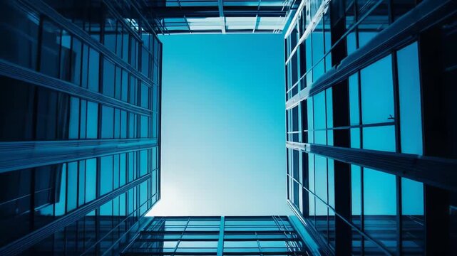 Modern glass buildings creating a narrow view of the open sky, reflecting geometric patterns and a cool blue tone, conveying concepts of progress, urban life, and architectural design