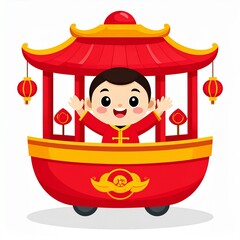 Fototapeta premium Cartoon child celebrating in traditional red and gold festival boat with lanterns