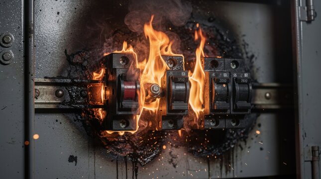 A dangerous electrical fire engulfs a circuit breaker panel. Flames, smoke, and sparks erupt from the overloaded switches, showing a hazardous short circuit.