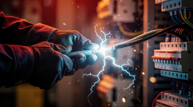 An electrician's gloved hands cause a dangerous electrical arc flash while working on wires in a fuse box.