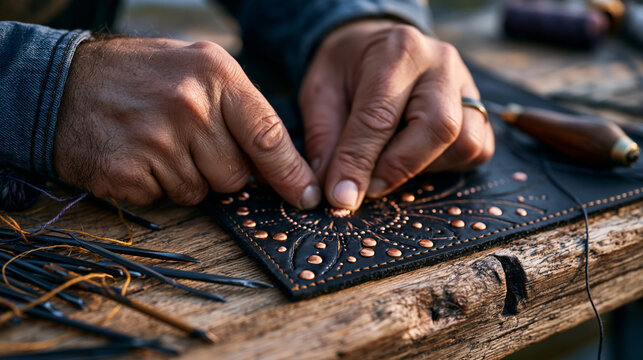 Artisan hands press copper rivets into vegetable-tanned leather on a worn oak workbench, luxury handbag hardware detail in dramatic side lighting, scattered awls and thread nearby, ideal for handmad