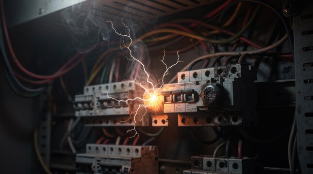 A dangerous short circuit inside an electrical panel. Bright sparks and smoke erupt from a burnt circuit breaker, illustrating a power failure and fire hazard.