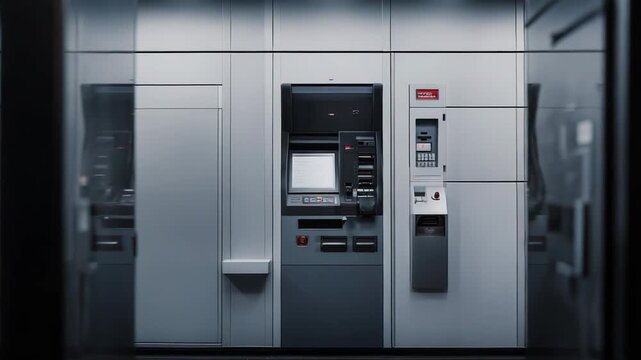 Sleek modern bank lobby atm offering convenient cash withdrawals, deposits and digital transactions, highlighting accessible, secure, tech driven banking infrastructure and design