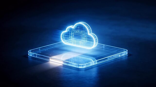 Glowing blue digital cloud model with circuit lines on transparent base in dark background