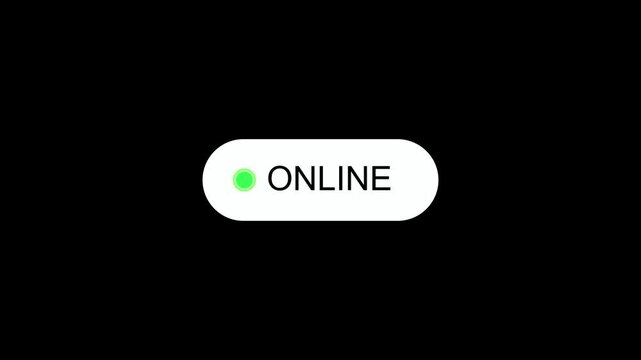 Online indicator button with green light animation. Online button symbol for digital status and presence. Online button icon for internet connection active.