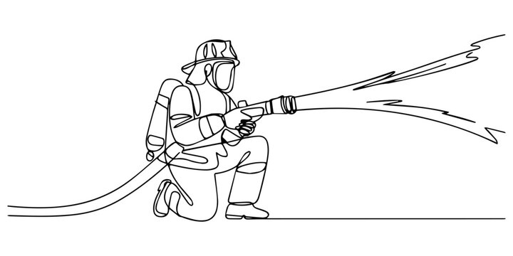 Continuous one line drawing firefighter squats while holding a fire hose that sprays water. Pouring water on the hot part. International Firefighters Day. Single continuous line drawing firefighter.