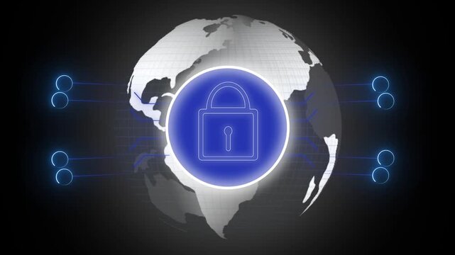 Digital globe with padlock and network connections. Digital globe for global data security concept. Digital globe animation for international encryption.