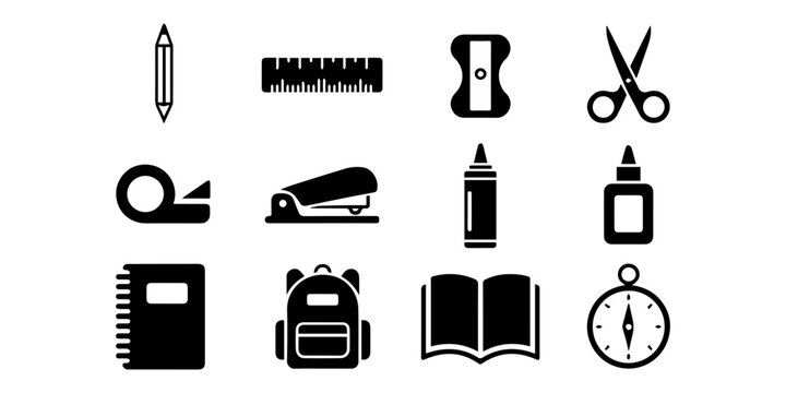 Minimalist school supplies icon set, black solid edu School supplies icon set with 12 black vector elements, educational stationery symbols, back to school equipment for classroom learning and study, 