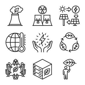Set of ecology and energy icons with environment sustainable thermostat lightning discussion business industry