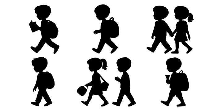 School children silhouettes with backpacks, student icons set, kids walking vector, primary school pupils going to class, kids education collection, back view and side view profile graphics concept.