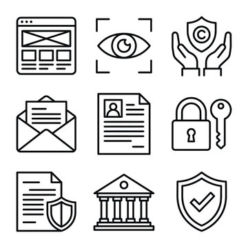 Collection of security and legal icons with security protection document confidential envelope interface agreement
