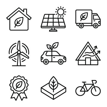 Set of eco friendly transportation and green living icons with transportation renewable sustainable windmill