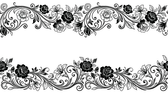 Elegant black and white decorative floral borders with roses, leaves, and scrolling elements on an isolated white background.