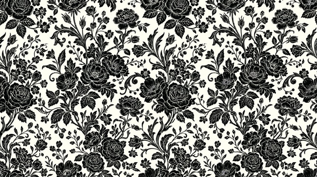 Vintage seamless floral pattern with roses and leaves in black and white, decorative baroque design on an isolated light background.