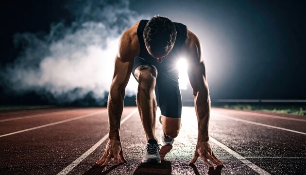 Determined Male Athlete in Sprint Start Position on Track at Night