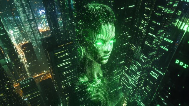 Cyberpunk digital human face emerging from neon green data streams surrounded futuristic city lights immersive artificial intelligence visualization matrix style environment high tech network system
