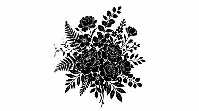 Modern Silhouette Floral Bouquet with Dense Flowers and Foliage on Isolated White Background